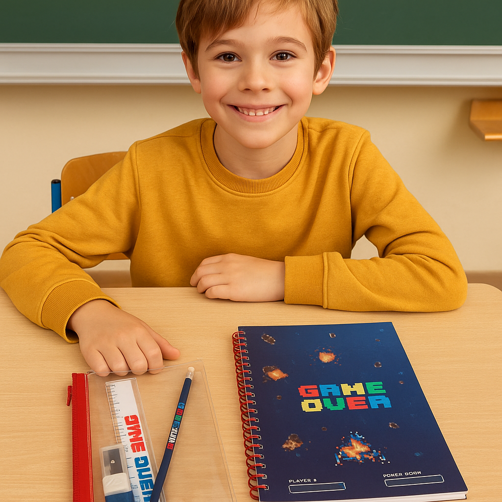 Ein Grundschulkind sitzt lächelnd am Schreibtisch im Klassenzimmer. Vor ihm liegen ein „Game Over“ Notizbuch und ein passendes Schreibwaren-Set mit Lineal, Bleistift, Anspitzer und Mäppchen.