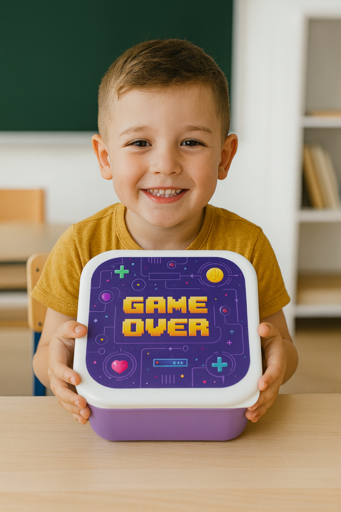 Ein lächelnder Junge sitzt im Klassenzimmer am Tisch und hält eine lila „Game Over“ Brotdose mit buntem Gaming-Design in den Händen.