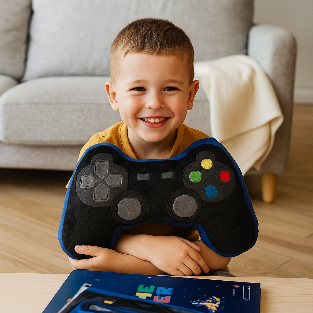 Ein lachender Junge sitzt im Wohnzimmer auf dem Boden und hält ein Gaming-Controller-Kissen in den Armen. Das schwarze Kissen ist wie ein Spielkonsolen-Controller gestaltet und hat bunte Knöpfe.
