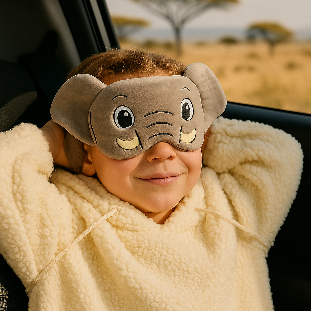 Ein Kind sitzt entspannt im Auto vor afrikanischer Savannenlandschaft und trägt eine graue Elefanten-Schlafmaske mit geöffneten Augen, die Kopf und Nacken komfortabel stützt