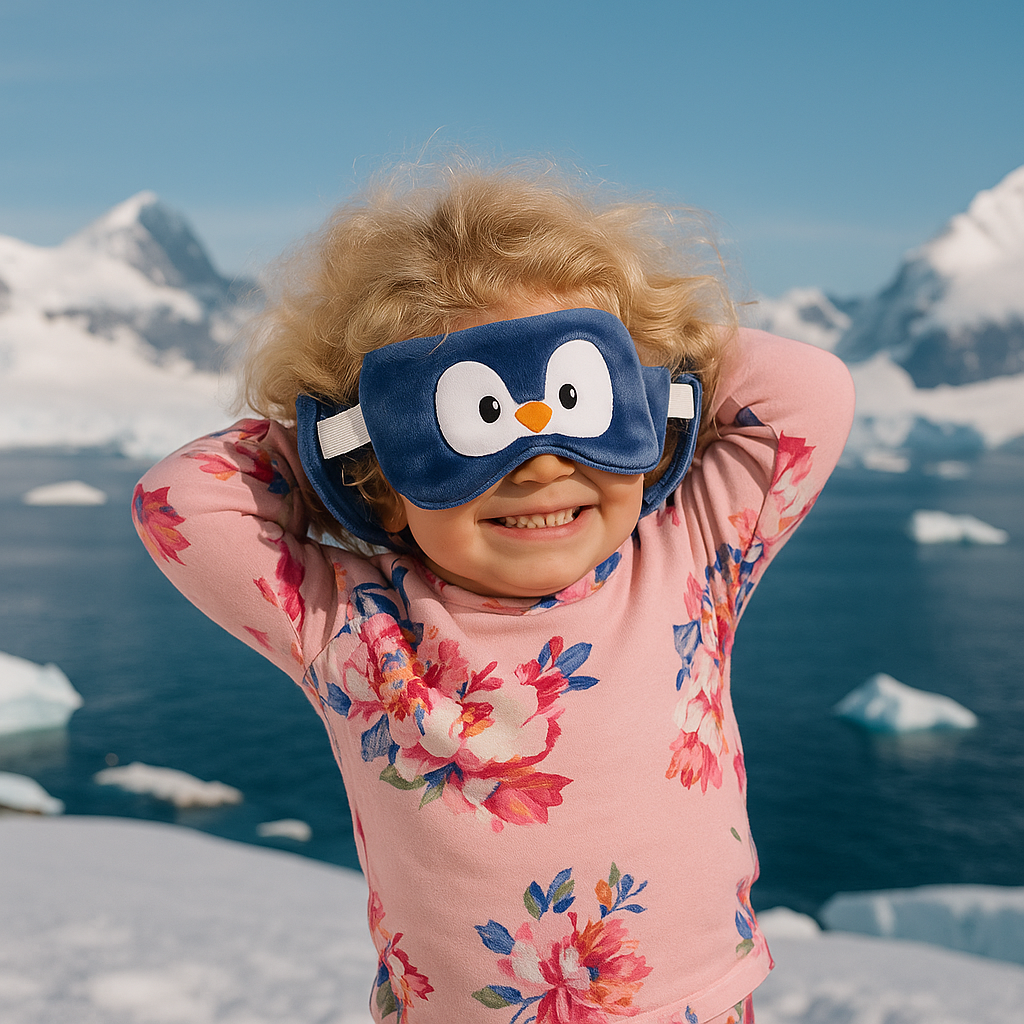 Ein blondgelocktes Kind mit pinkem Blumen-Shirt trägt eine blaue Pinguin-Schlafmaske und lächelt, während es in der Antarktis vor schneebedeckten Bergen und Eisschollen posiert