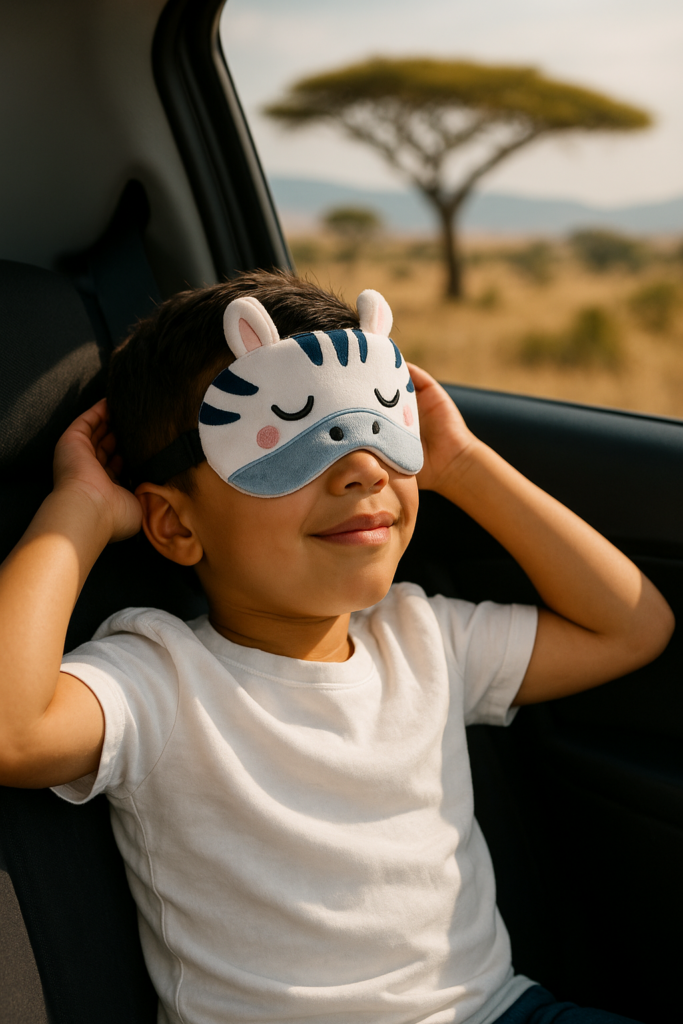 Ein Kind mit weißem T-Shirt und einer Zebra-Schlafmaske sitzt entspannt im Auto und blickt durch das Fenster auf die afrikanische Savanne mit Akazienbaum im Hintergrund.