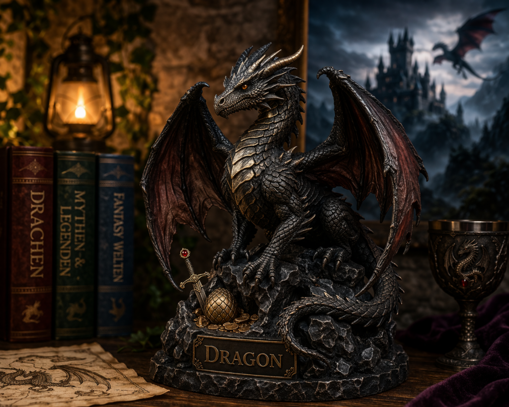 Detailreiche Drachenfigur mit Feueratem als Fantasy Deko auf Tisch in mystischer Umgebung